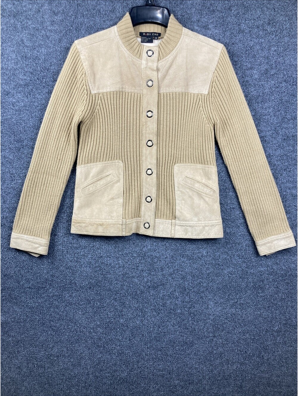Vintage Ruby Cho Womens Medium Beige Tan Suede Accent Cardigan Sweater Jacket